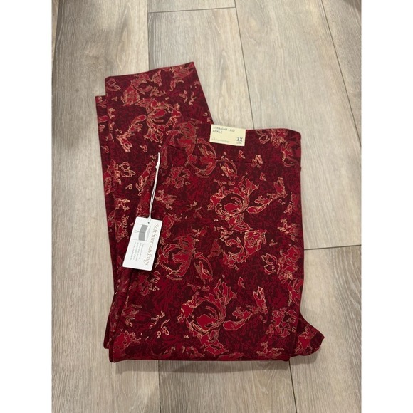 Soft Surroundings Ponte Knit Pants Women Red Gold Floral Pull On Straight Leg - Picture 7 of 7